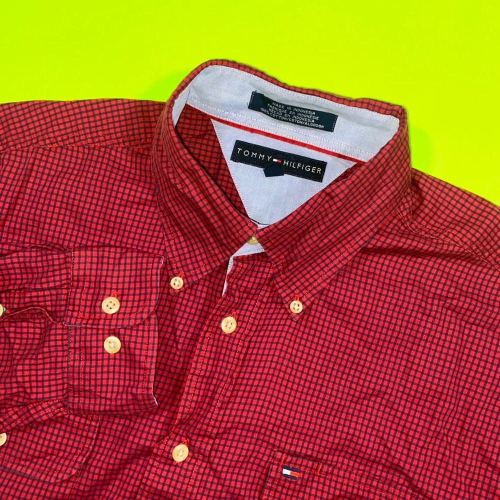 Tommy Hilfiger Mens Red Micro Check Button Down Shirt Long Sleeve‎ Cotton Large